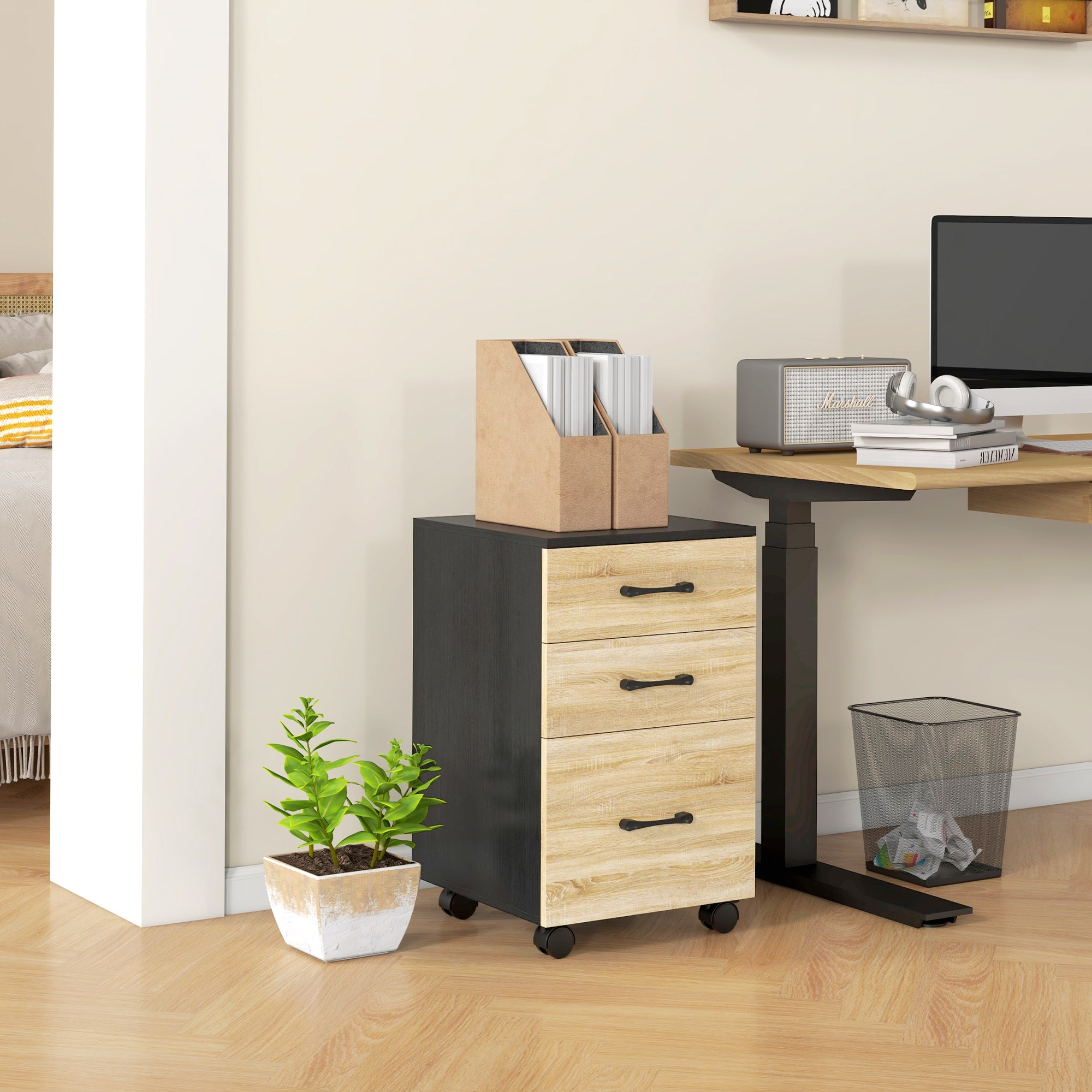 Office Filing Cabinet with 4 Wheels 3 Drawers for A4 Letter Size for Study Living Room 40x42x65 cm Oak and Black