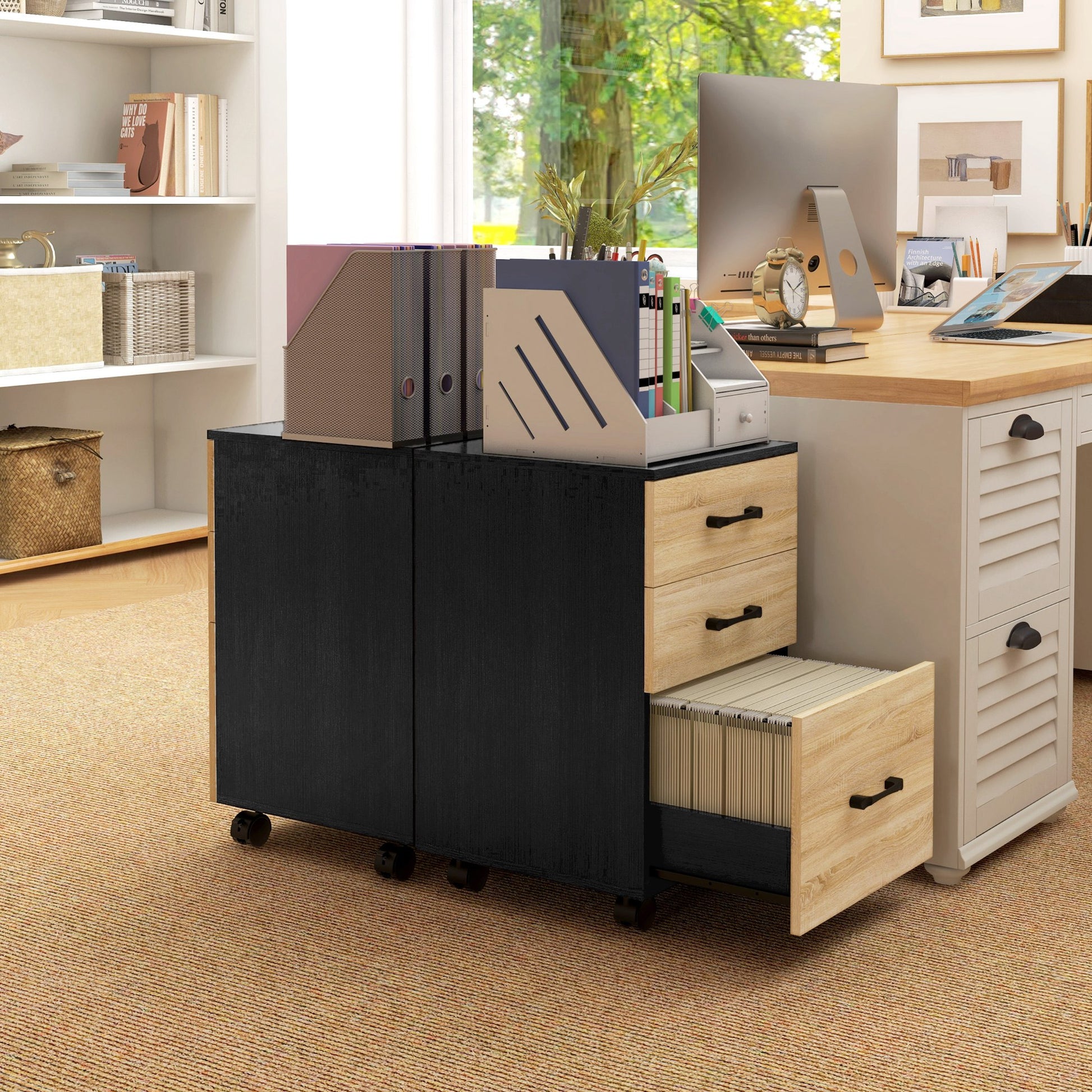 Office Filing Cabinet with 4 Wheels 3 Drawers for A4 Letter Size for Study Living Room 40x42x65 cm Oak and Black