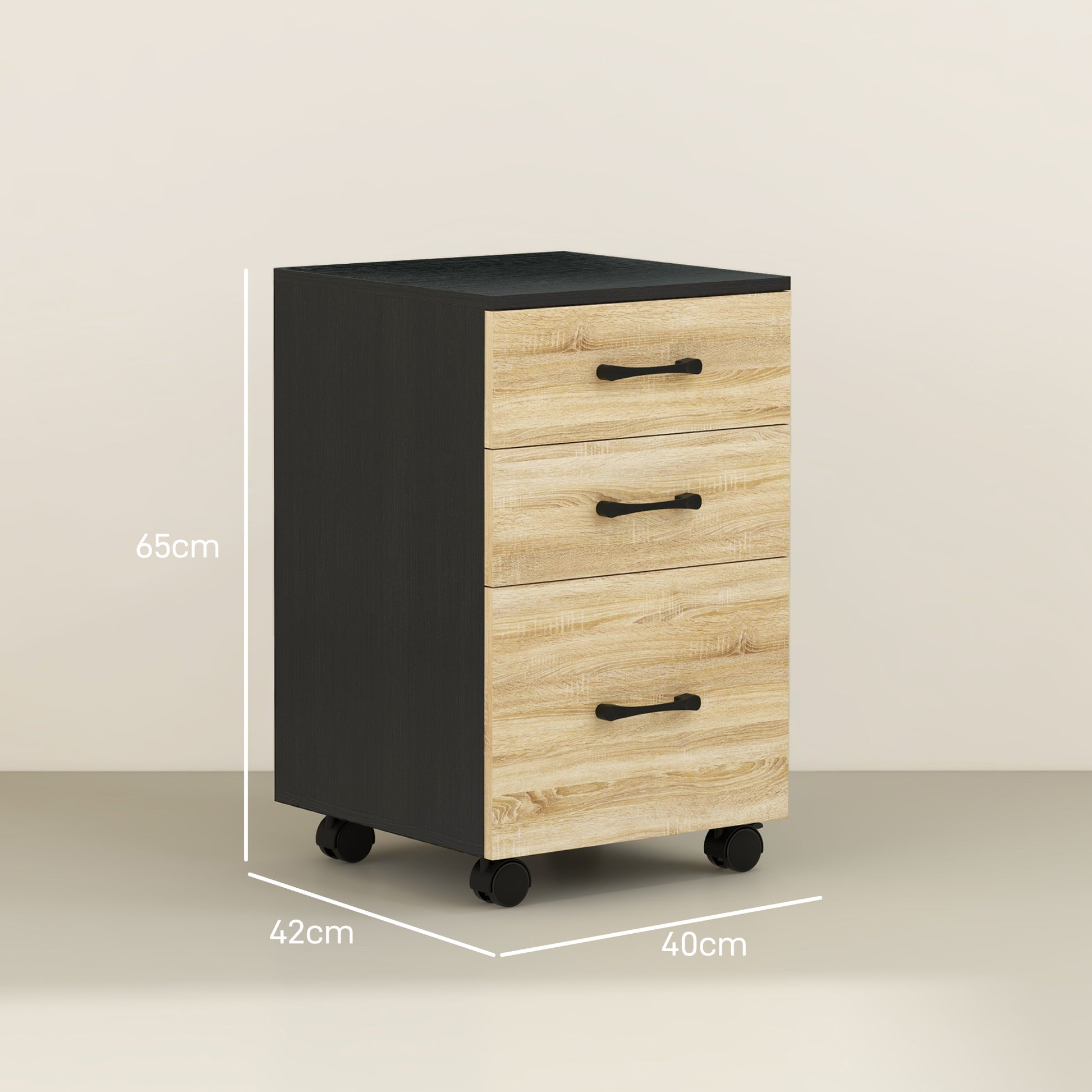 Office Filing Cabinet with 4 Wheels 3 Drawers for A4 Letter Size for Study Living Room 40x42x65 cm Oak and Black