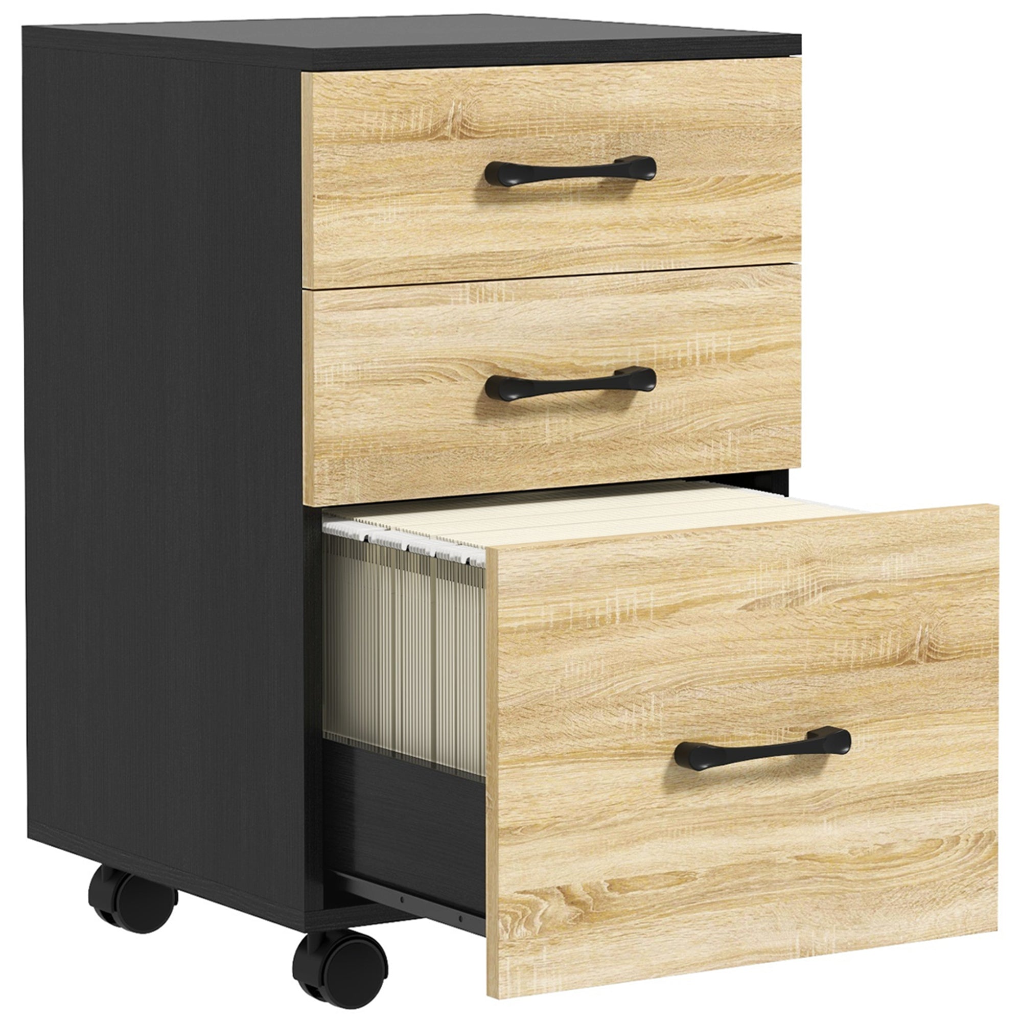 Office Filing Cabinet with 4 Wheels 3 Drawers for A4 Letter Size for Study Living Room 40x42x65 cm Oak and Black