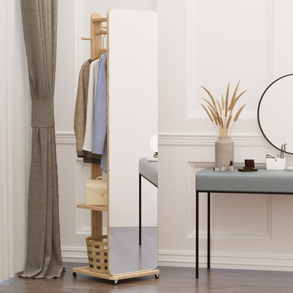 Freestanding Mirror with Wheels - Clothes Rail, 4 Hooks Shelf MDF Light Wood Finish