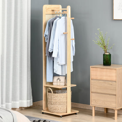 Freestanding Mirror with Wheels - Clothes Rail, 4 Hooks Shelf MDF Light Wood Finish