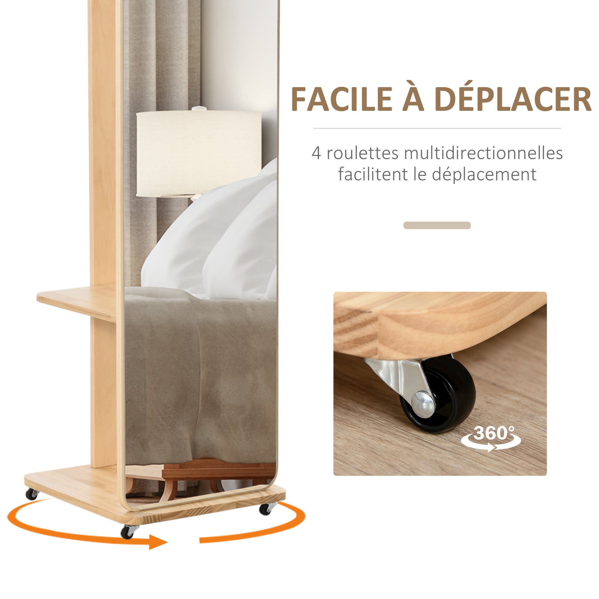 Freestanding Mirror with Wheels - Clothes Rail, 4 Hooks Shelf MDF Light Wood Finish