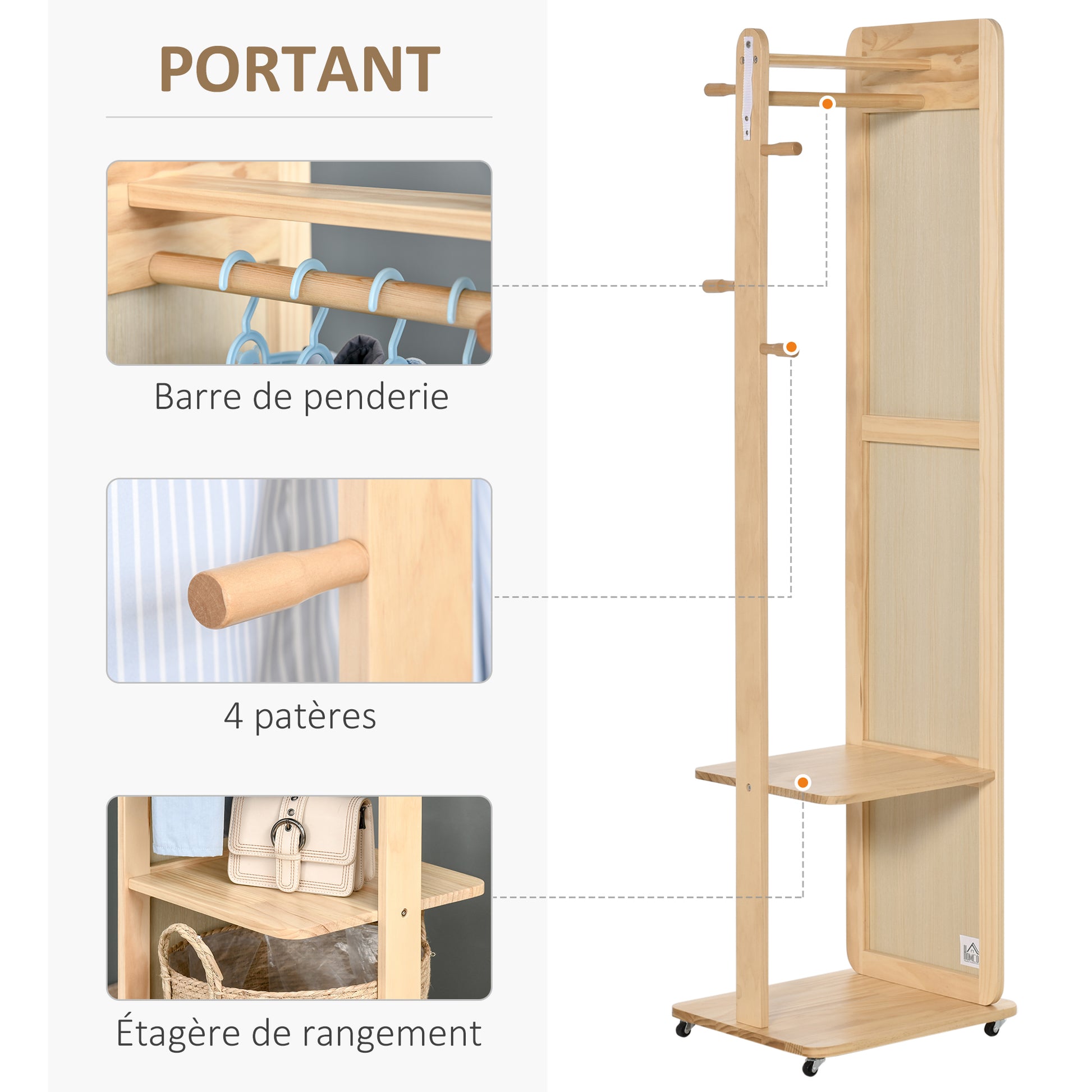 Freestanding Mirror with Wheels - Clothes Rail, 4 Hooks Shelf MDF Light Wood Finish