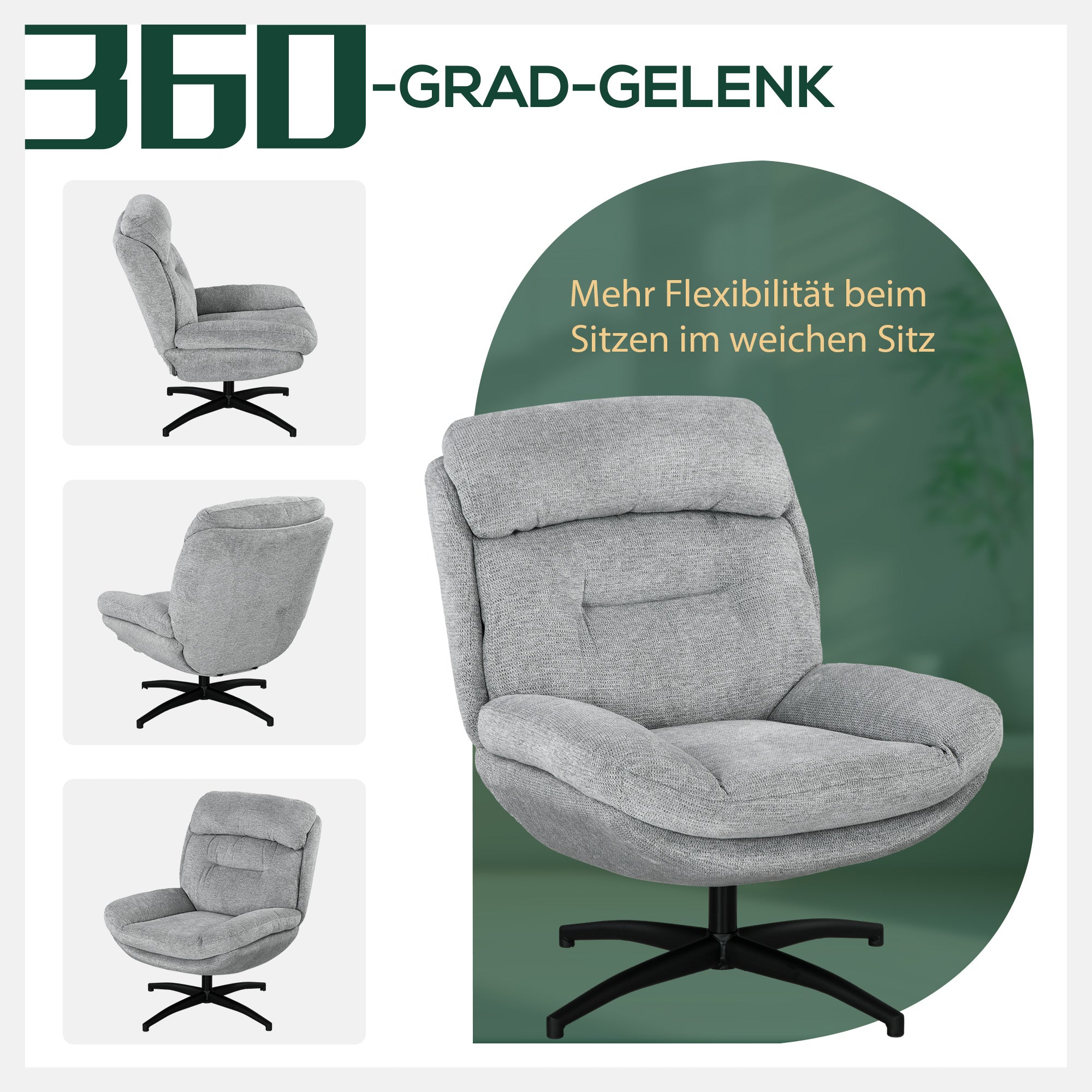 Chair Swivel Lounge Chair with Wide Seat, Integrated Armrest, Upholstered Recliner with Water-Repellent Chenille Look, Steel Legs, for Living Room, Gray