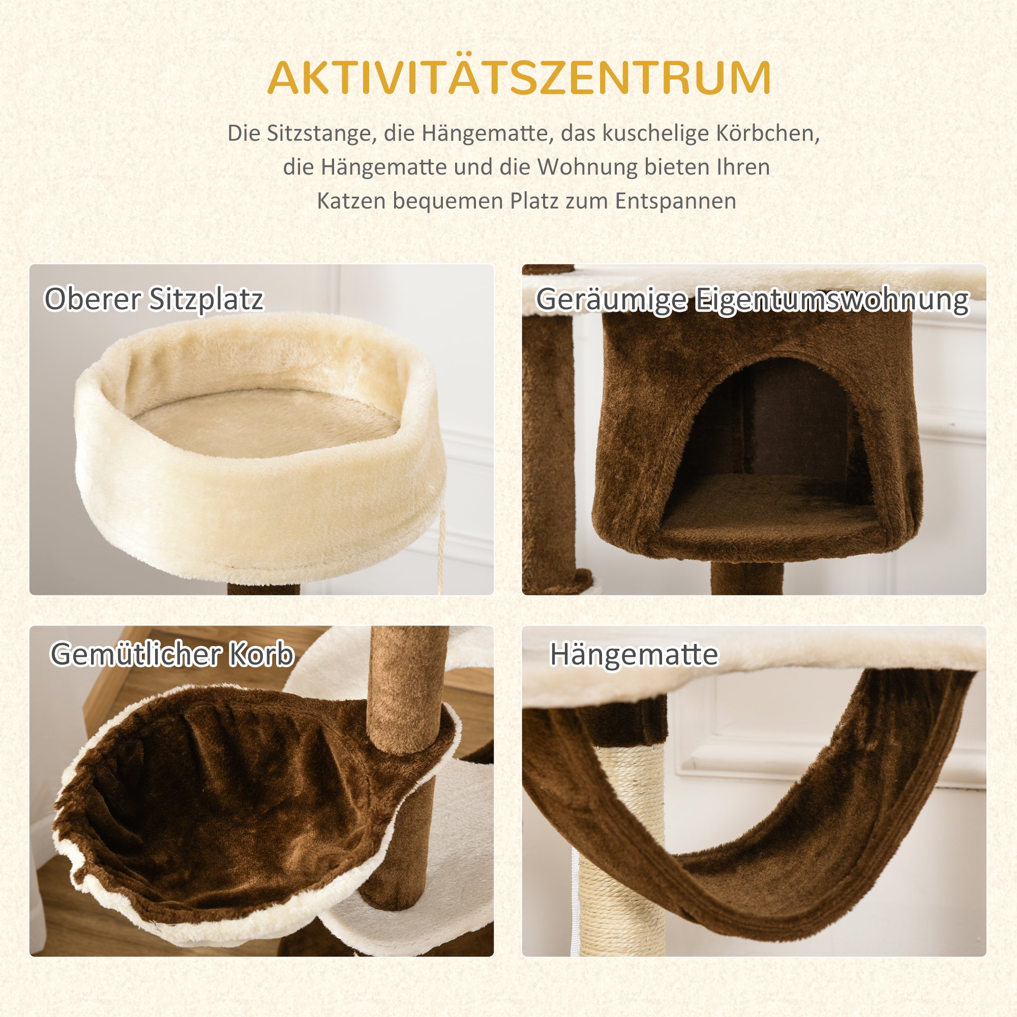 Scratching Tree with Cat Cave Hammock XXL Cat Tree Climbing Tree Climbing Tree for Cats Multi-Activity Center Plush Brown 65 x 50 x 153 cm