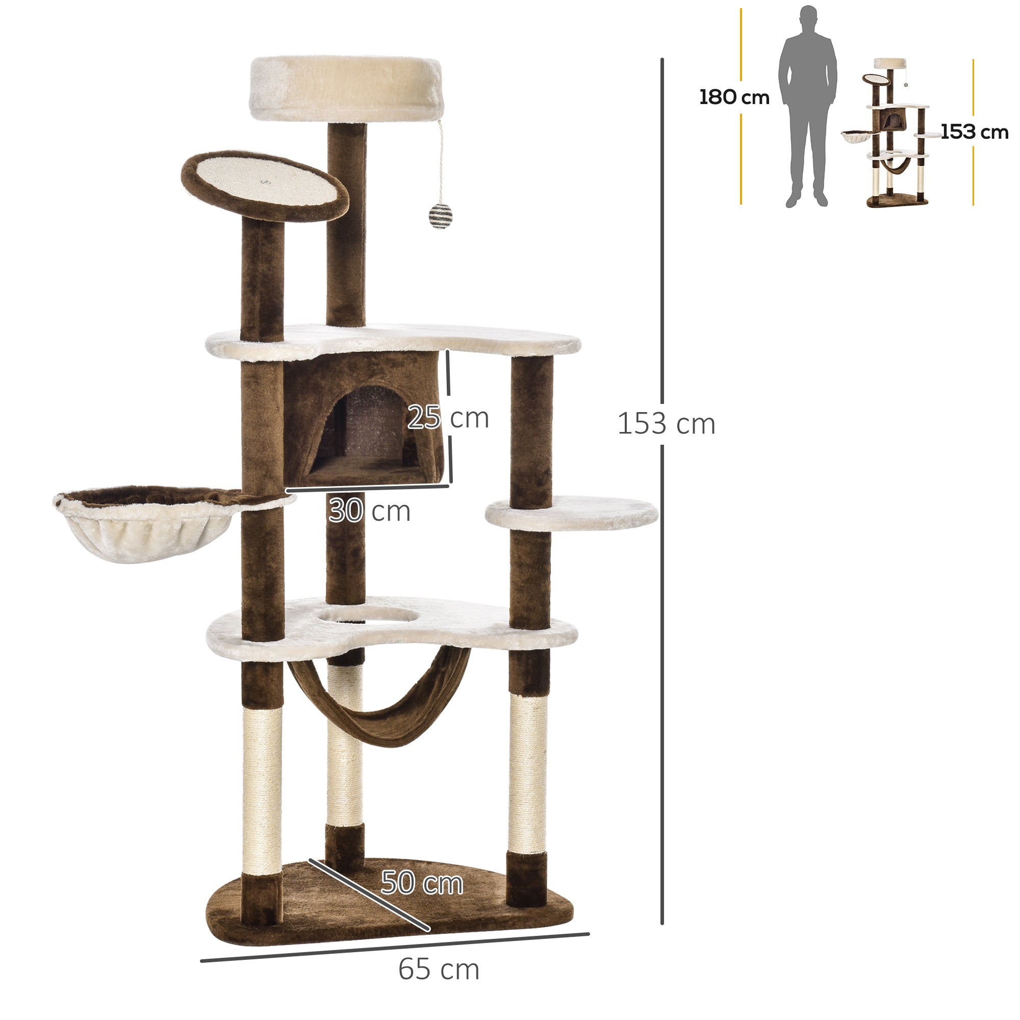 Scratching Tree with Cat Cave Hammock XXL Cat Tree Climbing Tree Climbing Tree for Cats Multi-Activity Center Plush Brown 65 x 50 x 153 cm