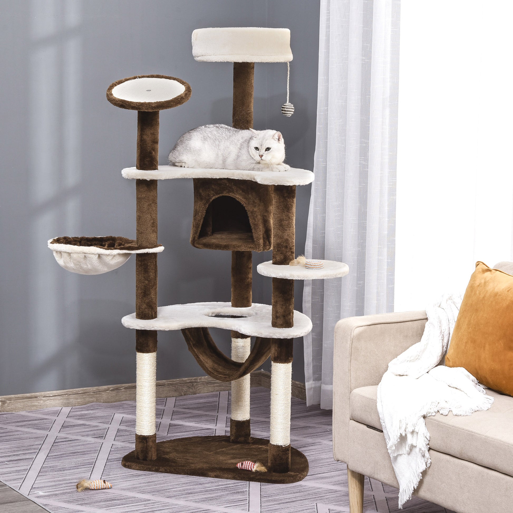 Scratching Tree with Cat Cave Hammock XXL Cat Tree Climbing Tree Climbing Tree for Cats Multi-Activity Center Plush Brown 65 x 50 x 153 cm
