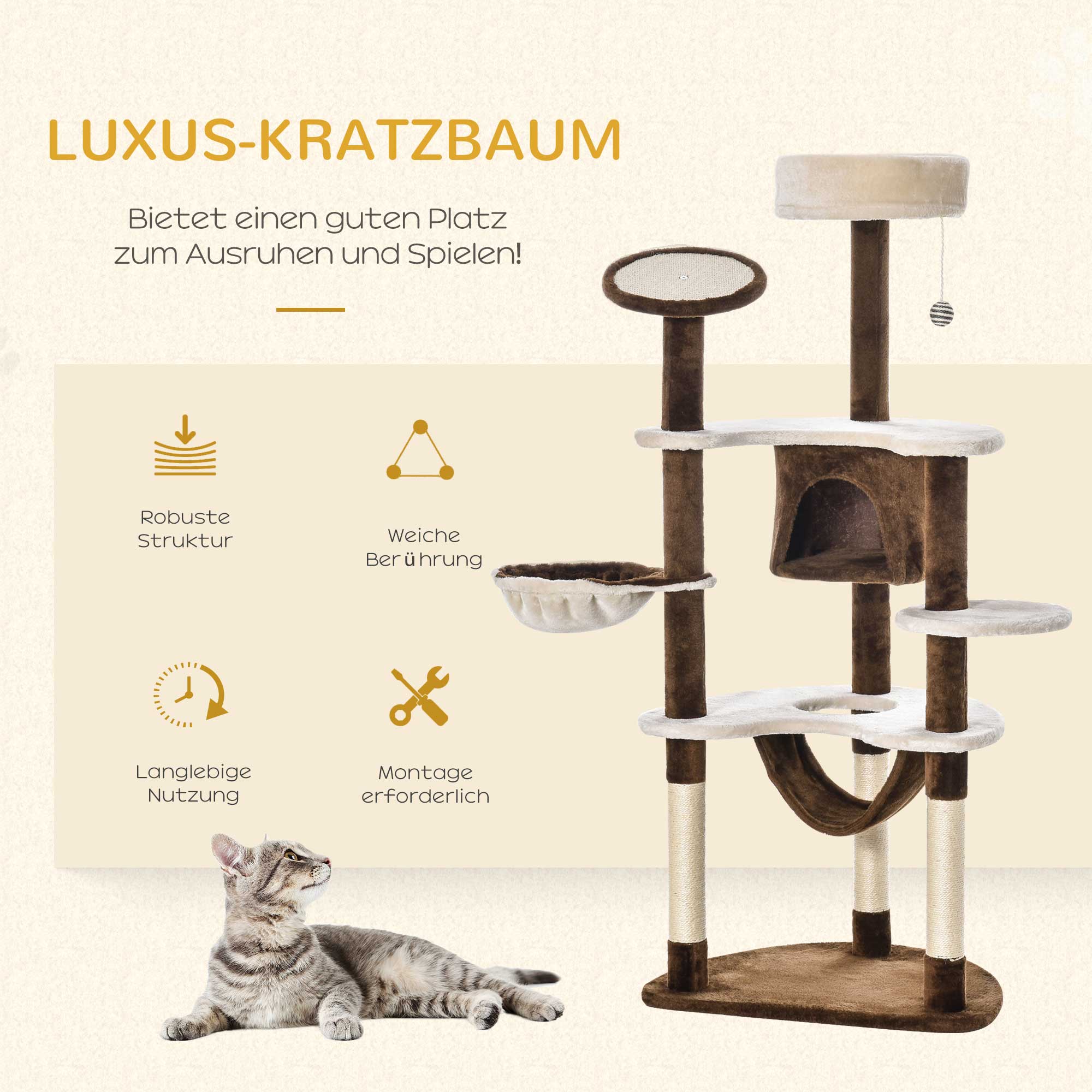 Scratching Tree with Cat Cave Hammock XXL Cat Tree Climbing Tree Climbing Tree for Cats Multi-Activity Center Plush Brown 65 x 50 x 153 cm