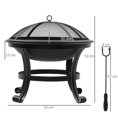 Outdoor Fire Pit Garden Steel Fire Pit with Spark Guard and Poker for Fires on Terrace Camping Ø55x50 cm Black