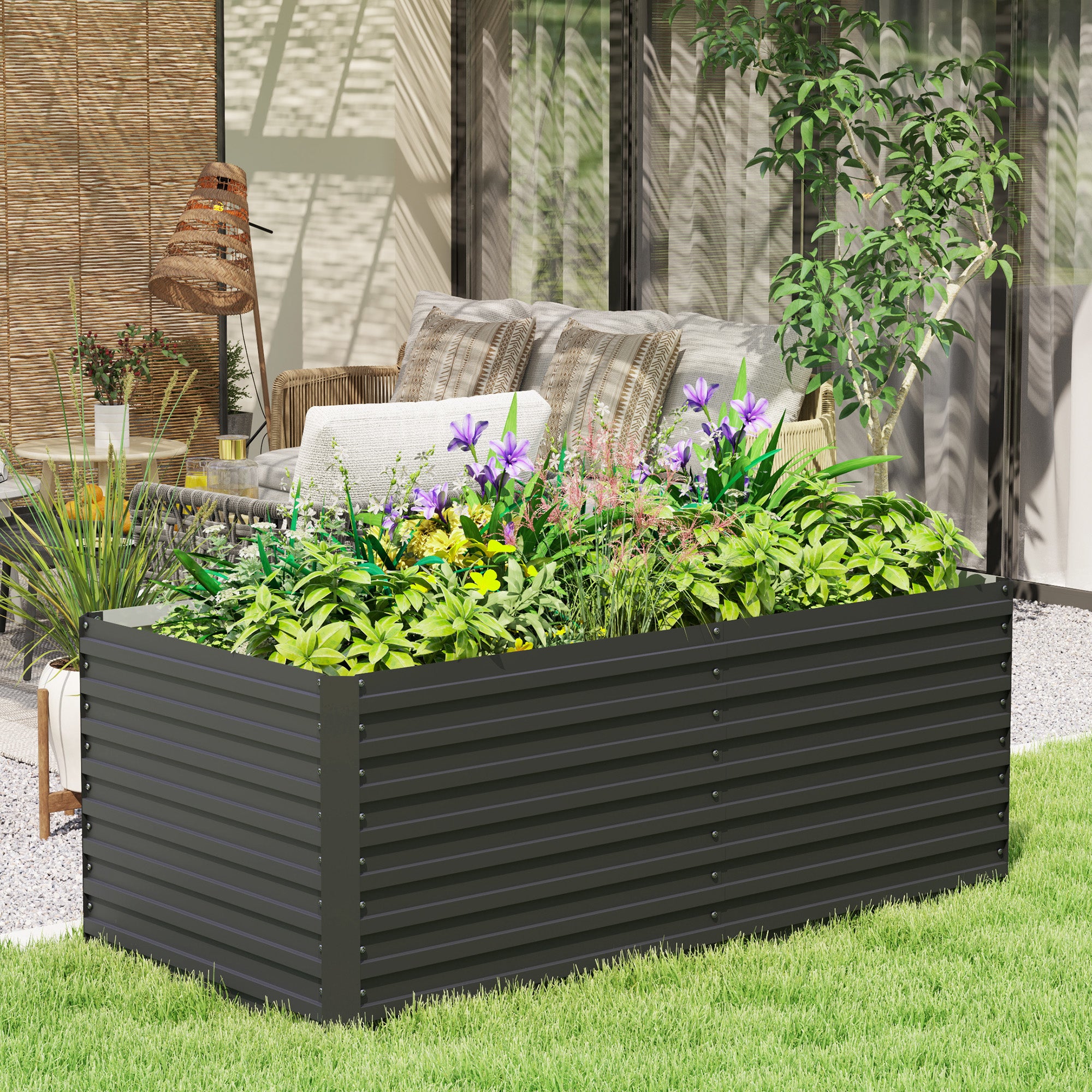 Outdoor Planter, Galvanized Raised Garden Planter Box with Safety Edge and Open Bottom, for Flowers, Herbs, and Vegetables, 160 x 80 x 60 cm, Gray