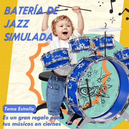 Kids Drum Set with Stool Drum Kit for Children 3+ Years with Drums Bass Drum Cymbal Pedal and Drumsticks Star Theme Design 25.6x8.7x22.4 inches Blue