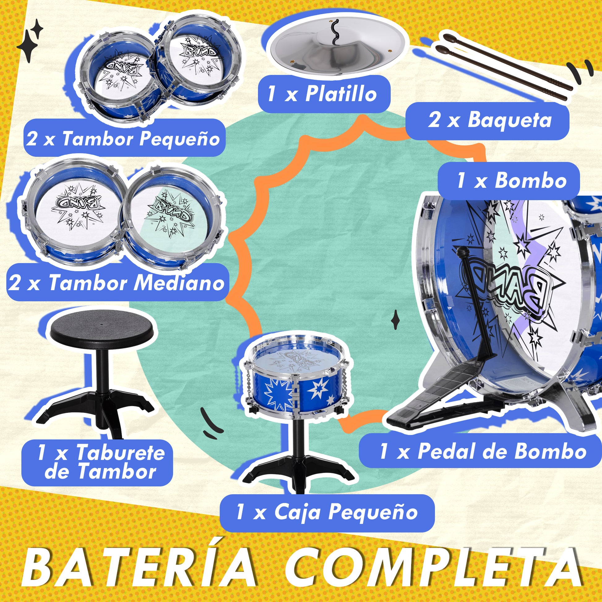 Kids Drum Set with Stool Drum Kit for Children 3+ Years with Drums Bass Drum Cymbal Pedal and Drumsticks Star Theme Design 25.6x8.7x22.4 inches Blue