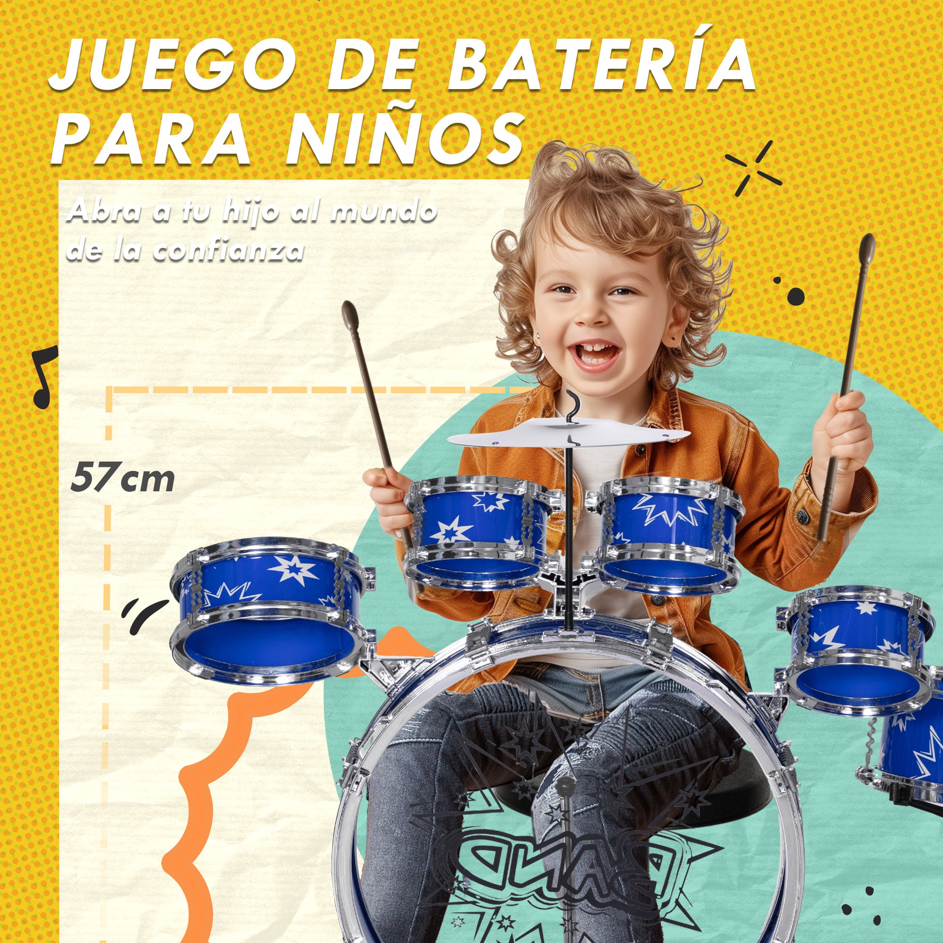 Kids Drum Set with Stool Drum Kit for Children 3+ Years with Drums Bass Drum Cymbal Pedal and Drumsticks Star Theme Design 25.6x8.7x22.4 inches Blue