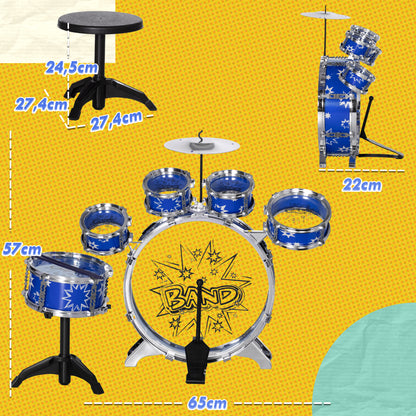 Kids Drum Set with Stool Drum Kit for Children 3+ Years with Drums Bass Drum Cymbal Pedal and Drumsticks Star Theme Design 25.6x8.7x22.4 inches Blue