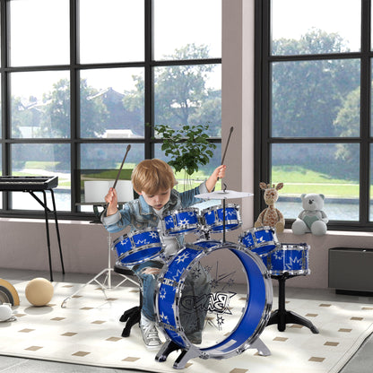 Kids Drum Set with Stool Drum Kit for Children 3+ Years with Drums Bass Drum Cymbal Pedal and Drumsticks Star Theme Design 25.6x8.7x22.4 inches Blue