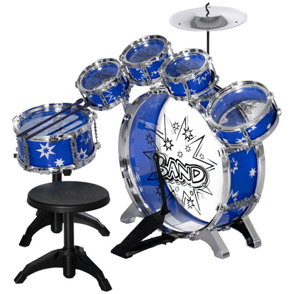 Kids Drum Set with Stool Drum Kit for Children 3+ Years with Drums Bass Drum Cymbal Pedal and Drumsticks Star Theme Design 25.6x8.7x22.4 inches Blue