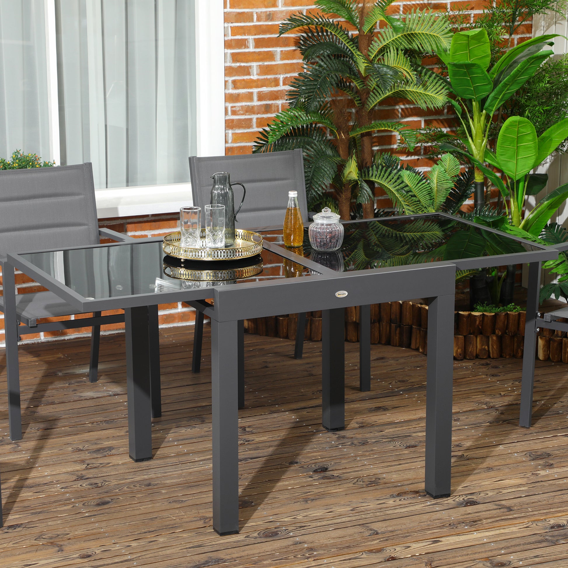 Aluminum Extendable Garden Table Rectangular Dining Table with Tempered Glass Top for 4-6 People Load 50 kg for Terrace 80-160x80x75 cm Black