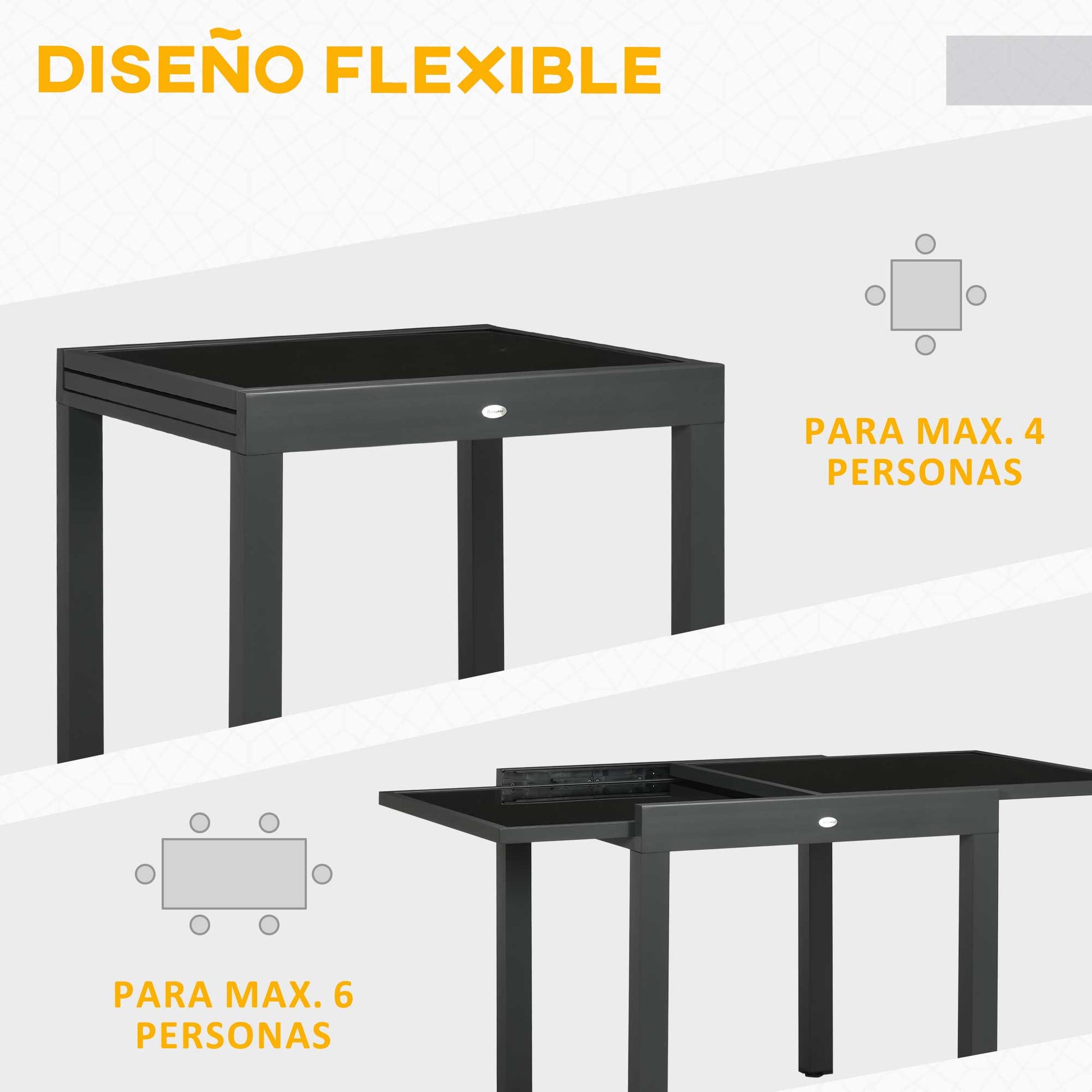 Aluminum Extendable Garden Table Rectangular Dining Table with Tempered Glass Top for 4-6 People Load 50 kg for Terrace 80-160x80x75 cm Black