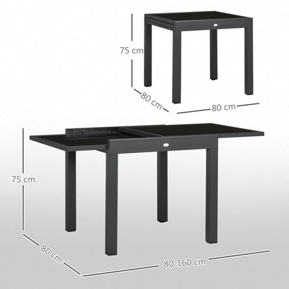 Aluminum Extendable Garden Table Rectangular Dining Table with Tempered Glass Top for 4-6 People Load 50 kg for Terrace 80-160x80x75 cm Black