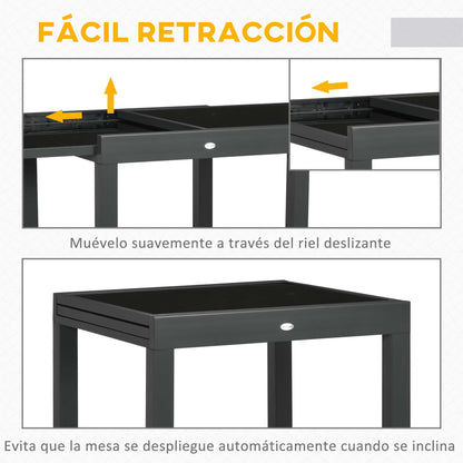 Aluminum Extendable Garden Table Rectangular Dining Table with Tempered Glass Top for 4-6 People Load 50 kg for Terrace 80-160x80x75 cm Black