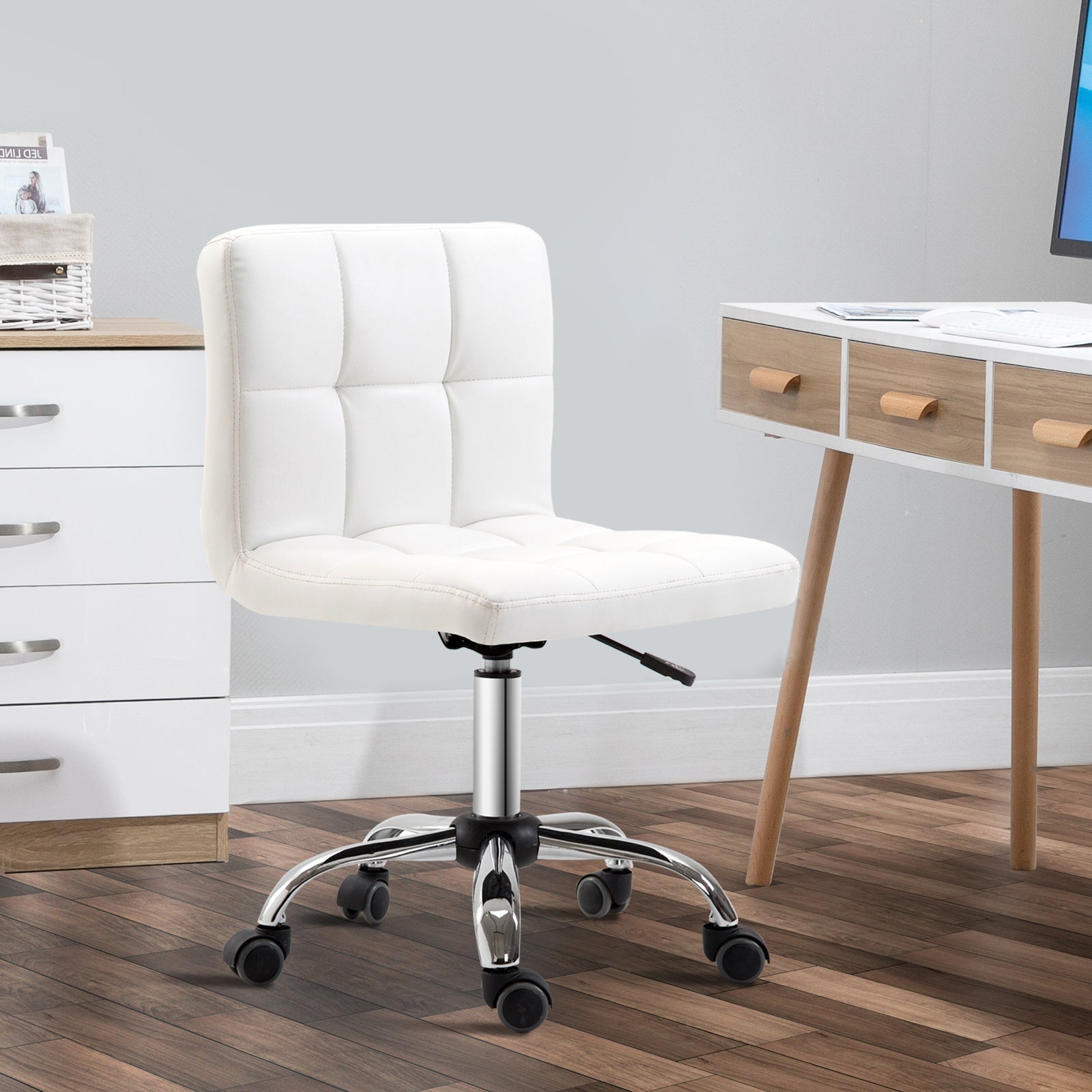 Office Chair, Ergonomic Desk Chair without Armrest, Height-Adjustable Swivel Chair, Computer Chair for Office, Study Room, Faux Leather, White