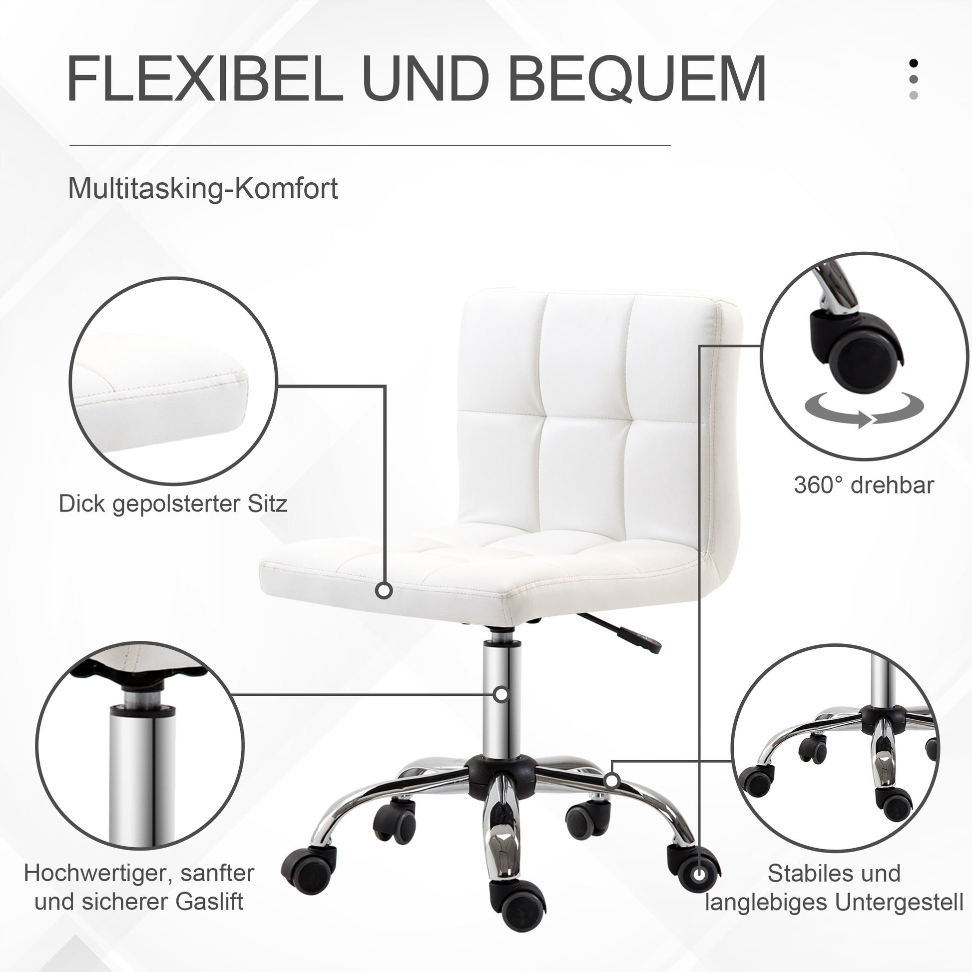 Office Chair, Ergonomic Desk Chair without Armrest, Height-Adjustable Swivel Chair, Computer Chair for Office, Study Room, Faux Leather, White