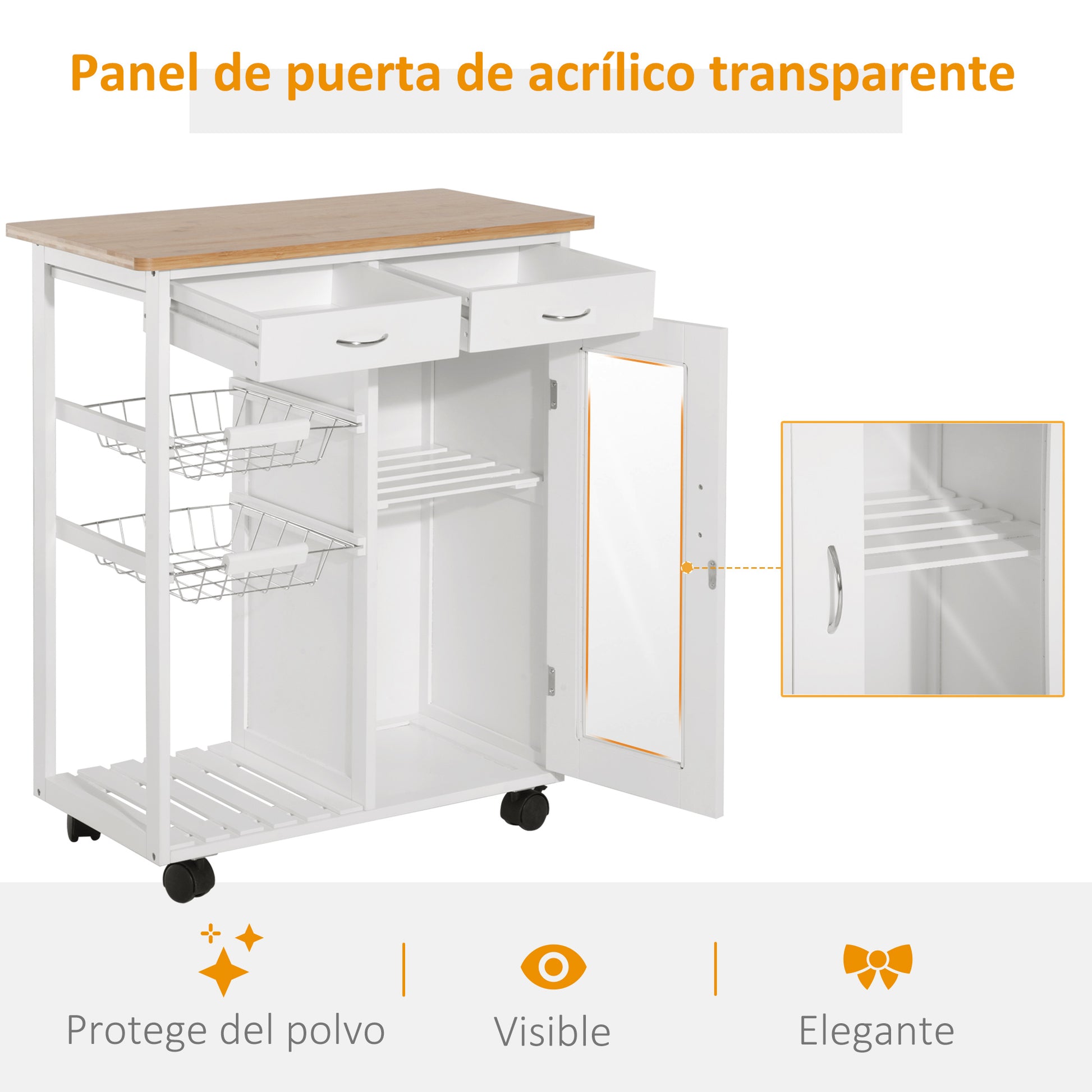 Kitchen Cart Multipurpose Serving Cart Shelf Cart with Wheels for Bathroom Bedroom with Shelves Baskets Drawers 70x37x85cm Wood