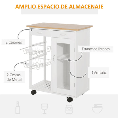 Kitchen Cart Multipurpose Serving Cart Shelf Cart with Wheels for Bathroom Bedroom with Shelves Baskets Drawers 70x37x85cm Wood