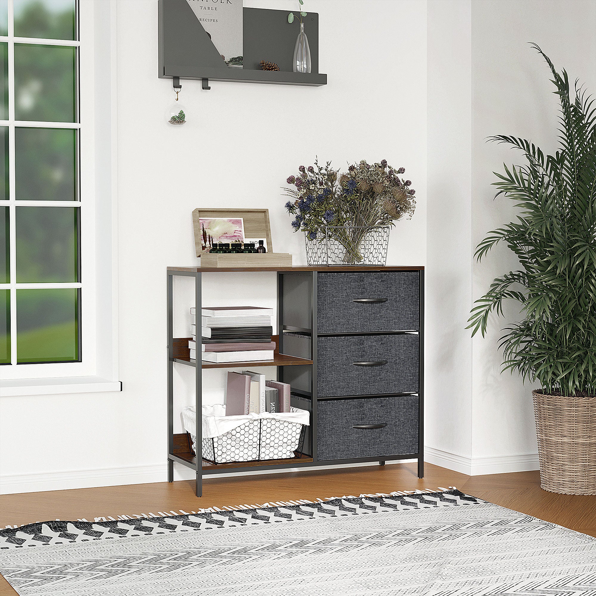 Chest of Drawers Storage Cabinet with 3 Fabric Drawers, 2 Open Shelves, Dresser Cabinet with Metal Frame for Bedroom, Living Room Brown