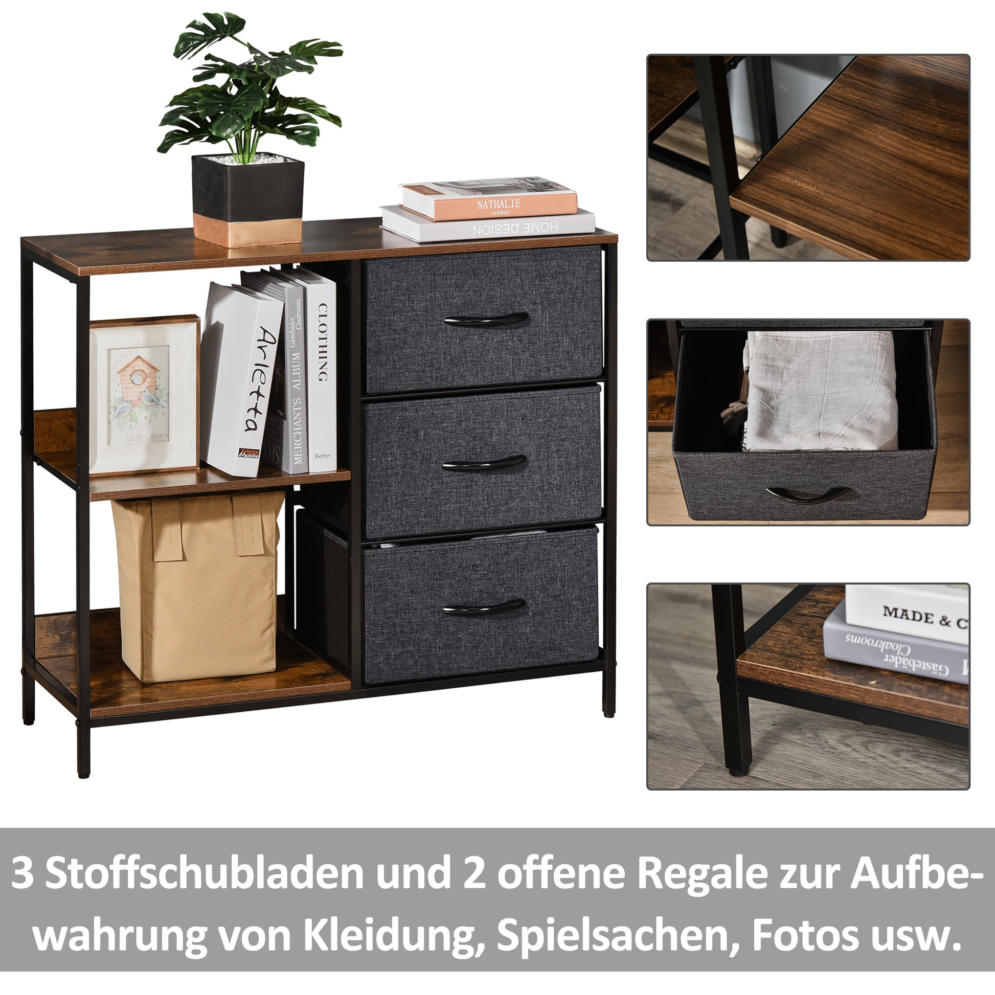 Chest of Drawers Storage Cabinet with 3 Fabric Drawers, 2 Open Shelves, Dresser Cabinet with Metal Frame for Bedroom, Living Room Brown