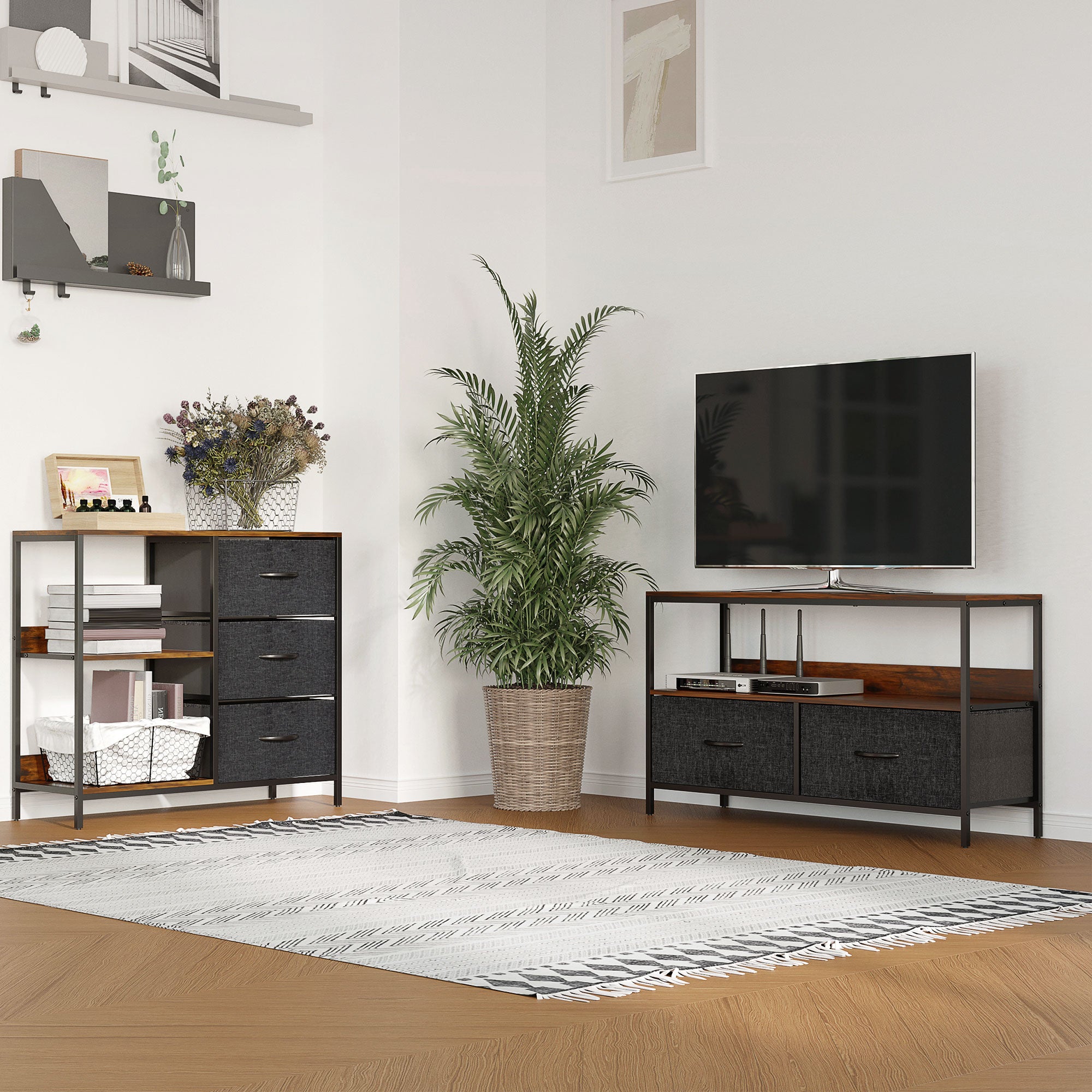 Chest of Drawers Storage Cabinet with 3 Fabric Drawers, 2 Open Shelves, Dresser Cabinet with Metal Frame for Bedroom, Living Room Brown