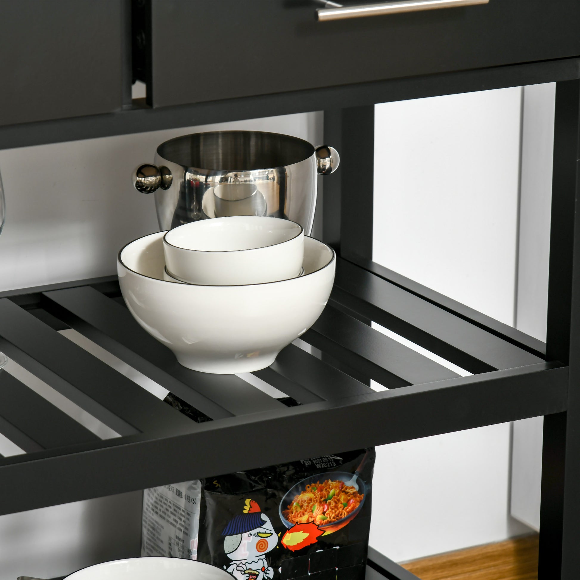 Kitchen Trolley Cart with Wheels 2 Shelves 2 Drawers Black Natural Wood