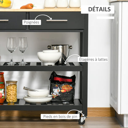 Kitchen Trolley Cart with Wheels 2 Shelves 2 Drawers Black Natural Wood