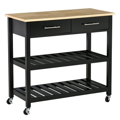 Kitchen Trolley Cart with Wheels 2 Shelves 2 Drawers Black Natural Wood
