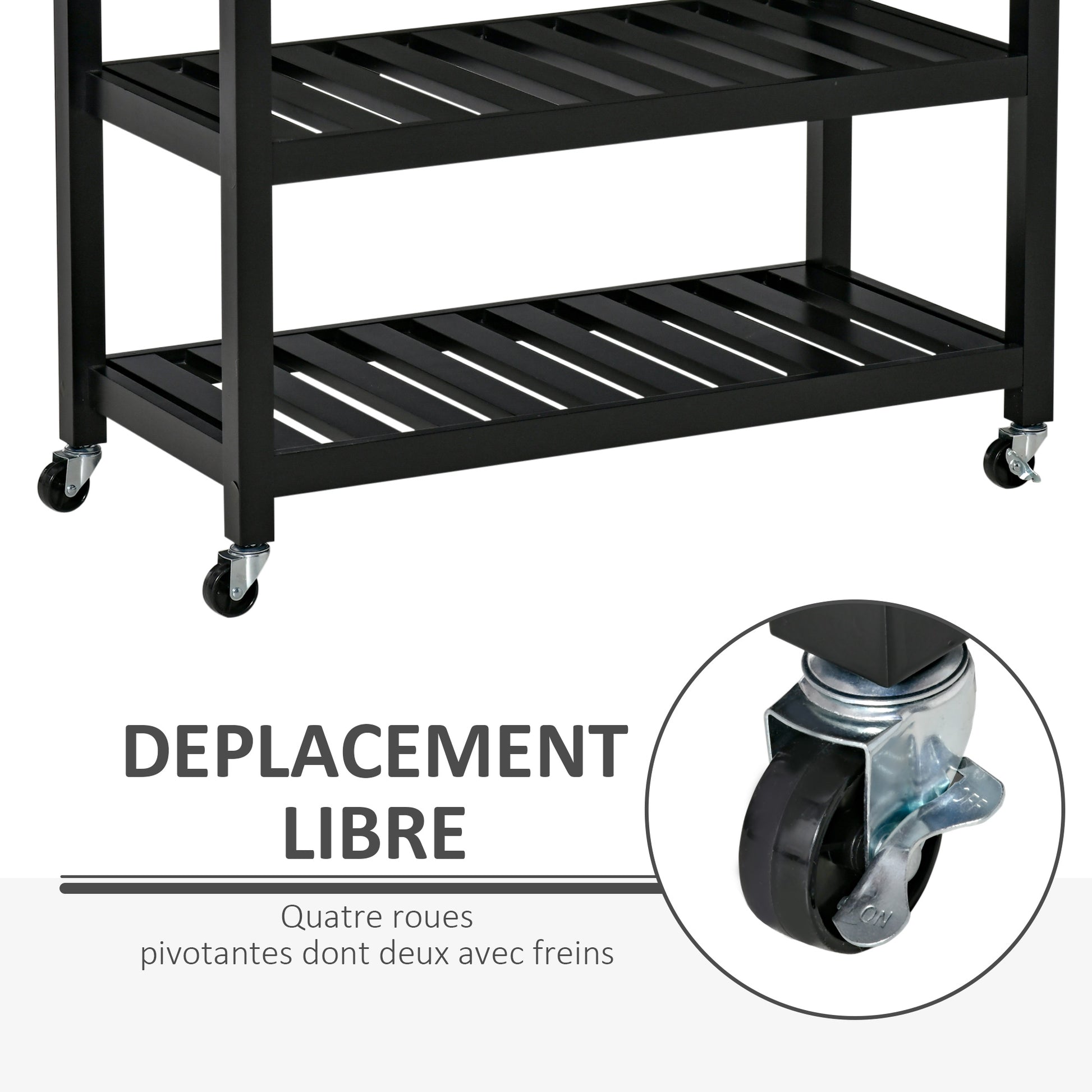 Kitchen Trolley Cart with Wheels 2 Shelves 2 Drawers Black Natural Wood