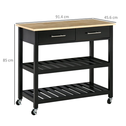 Kitchen Trolley Cart with Wheels 2 Shelves 2 Drawers Black Natural Wood