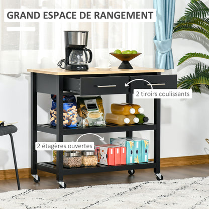 Kitchen Trolley Cart with Wheels 2 Shelves 2 Drawers Black Natural Wood
