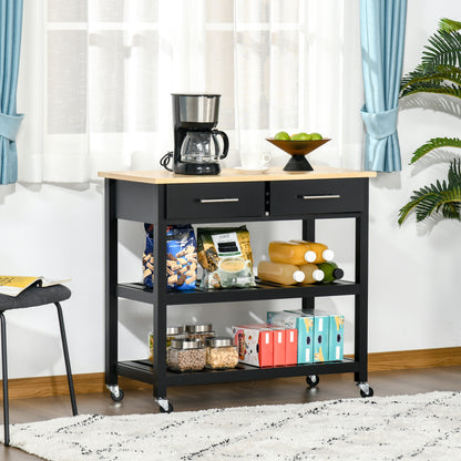 Kitchen Trolley Cart with Wheels 2 Shelves 2 Drawers Black Natural Wood