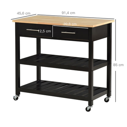 Kitchen Trolley Cart with Wheels 2 Shelves 2 Drawers Black Natural Wood