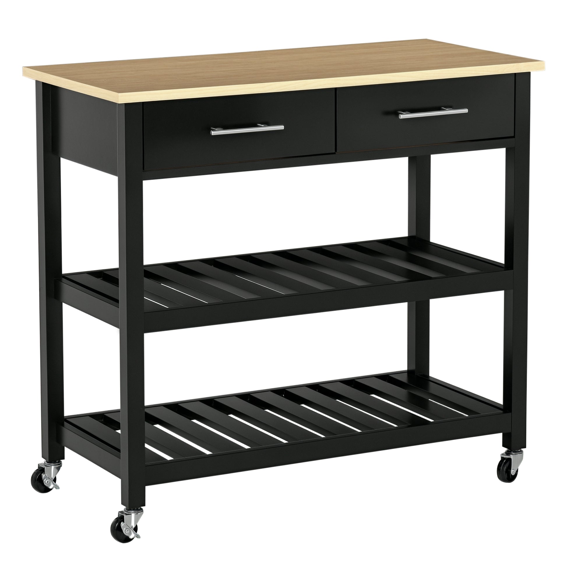 Kitchen Trolley Cart with Wheels 2 Shelves 2 Drawers Black Natural Wood