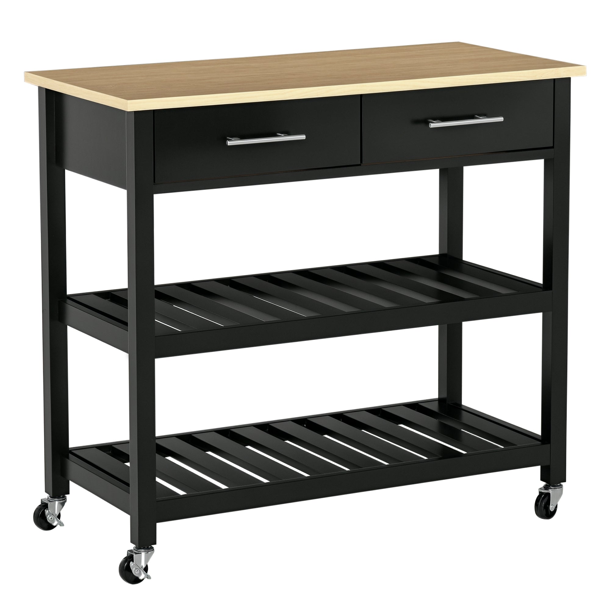 Kitchen Trolley Cart with Wheels 2 Shelves 2 Drawers Black Natural Wood