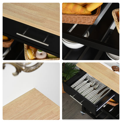 Kitchen Trolley Cart with Wheels 2 Shelves 2 Drawers Black Natural Wood