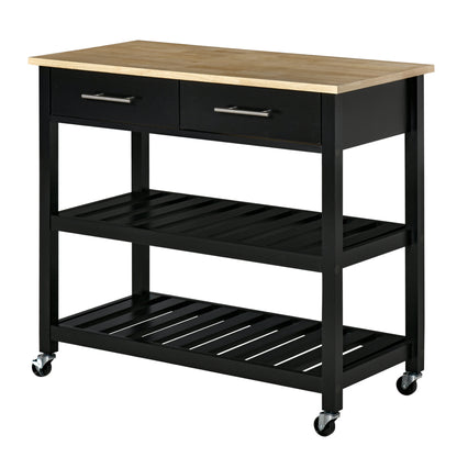 Kitchen Trolley Cart with Wheels 2 Shelves 2 Drawers Black Natural Wood