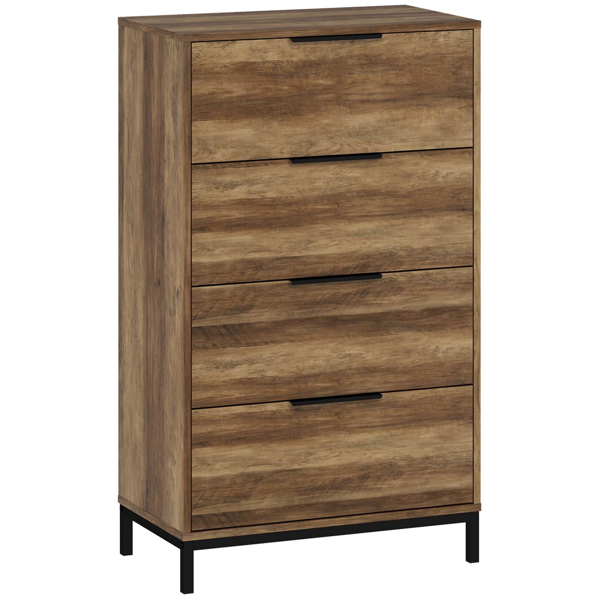 Cassettiera 4 Cassetti Antiribaltamento con Maniglie Nere, Mobile Cassettiera in Truciolato e Metallo, 62x35x105 cm, Marrone Chiaro