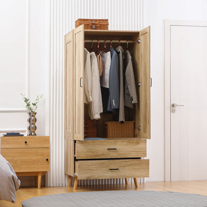 Wardrobe Closet Storage Wardrobe with 2 Doors, 2 Drawers, and Hanging Rod - 80 x 54 x 180 cm
