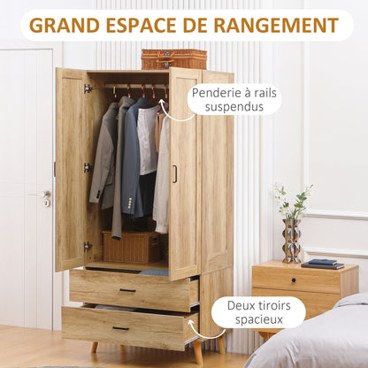 Wardrobe Closet Storage Wardrobe with 2 Doors, 2 Drawers, and Hanging Rod - 80 x 54 x 180 cm