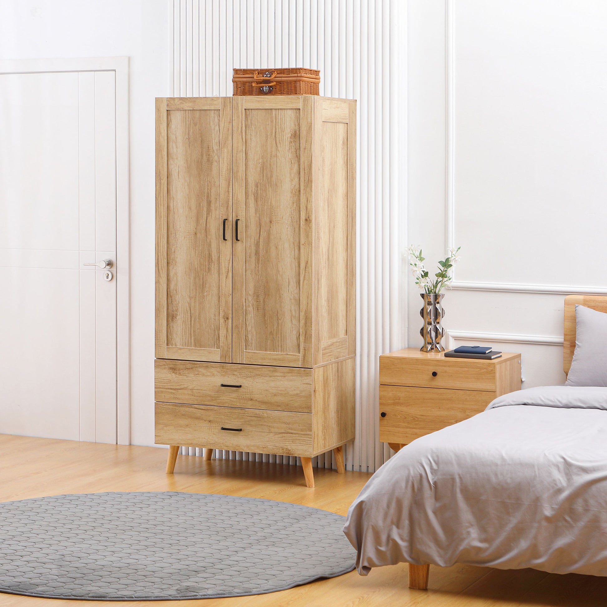 Wardrobe Closet Storage Wardrobe with 2 Doors, 2 Drawers, and Hanging Rod - 80 x 54 x 180 cm