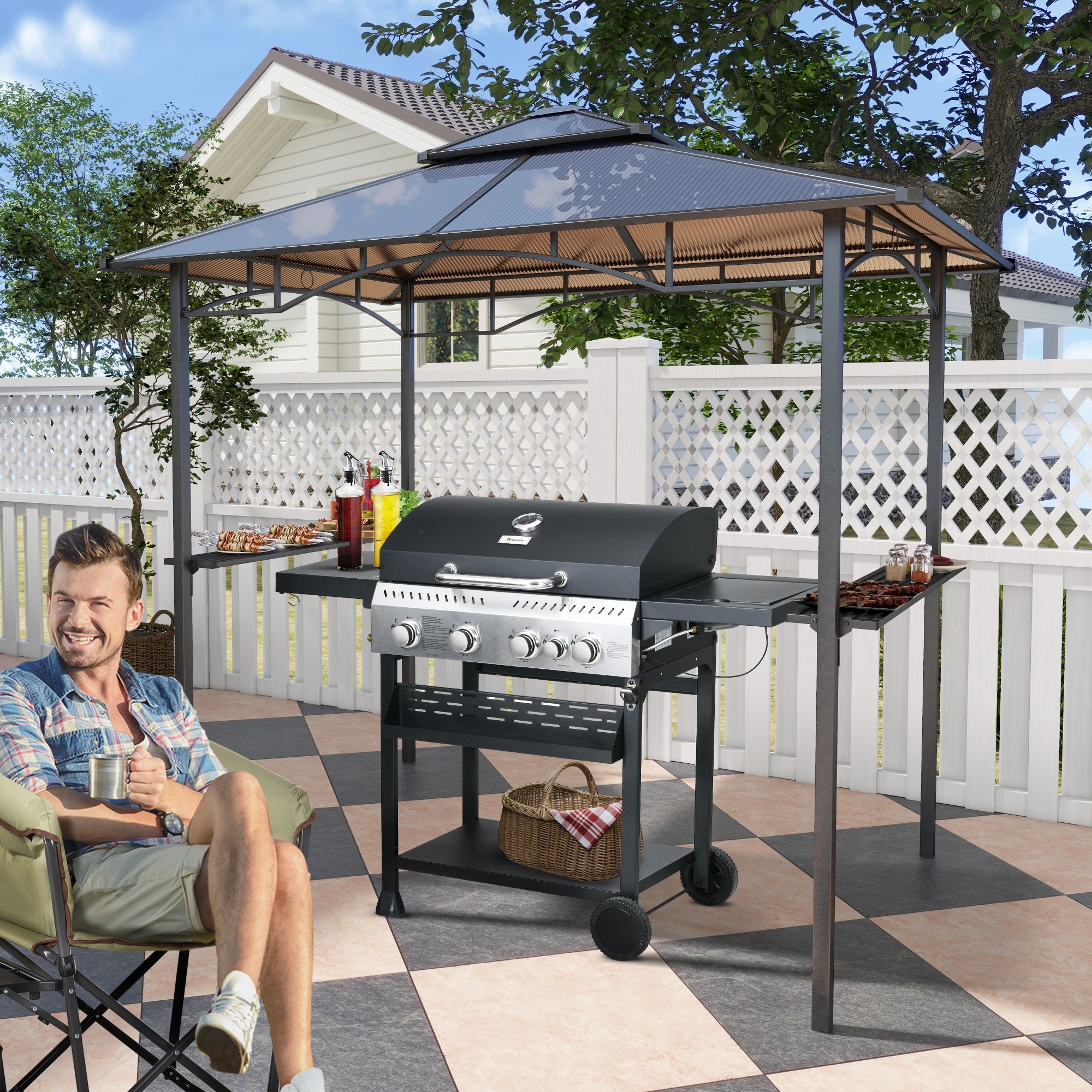 Garden Gazebo 2.4 x 1.5m - barbecue shelter - steakhouse 2 shelves - barbecue roof - black aluminum metal polycarbonate roof