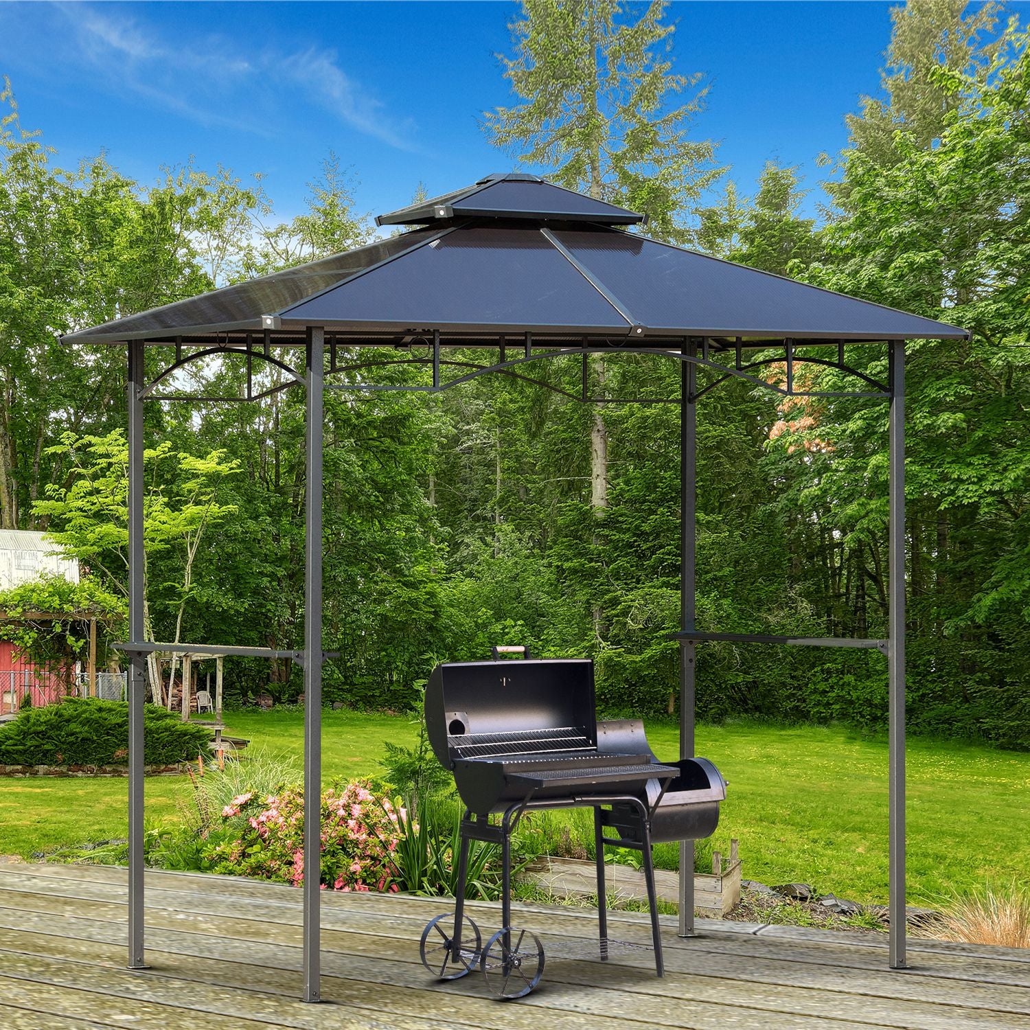 Garden Gazebo 2.4 x 1.5m - barbecue shelter - steakhouse 2 shelves - barbecue roof - black aluminum metal polycarbonate roof